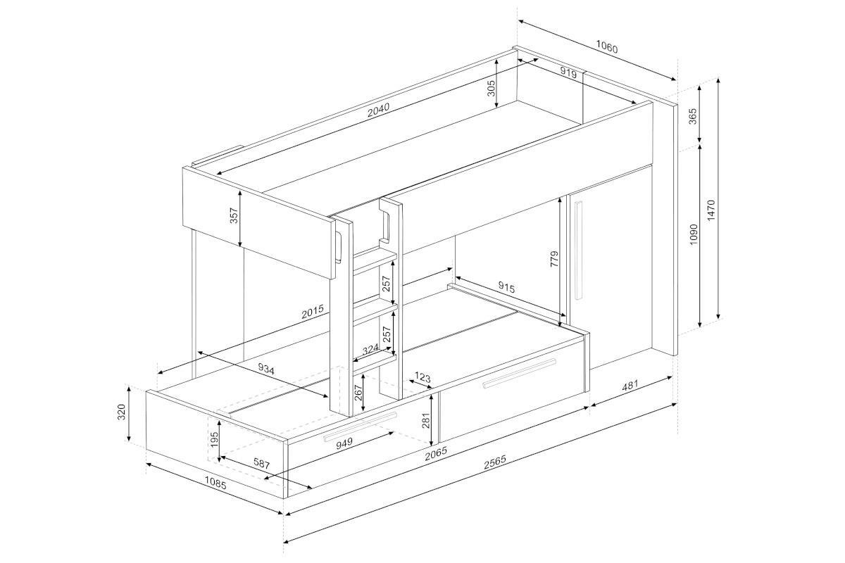 Jules stapelbed met kast en opberglades lijntekening