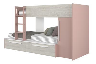 Jules stapelbed met kast en opberglades oud roze met matras achterzijde