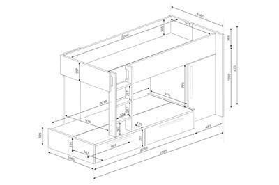 Jules stapelbed met kast en opberglades lijntekening