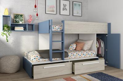 Jules stapelbed met kast en opberglades smokey blue open sfeerimpressie