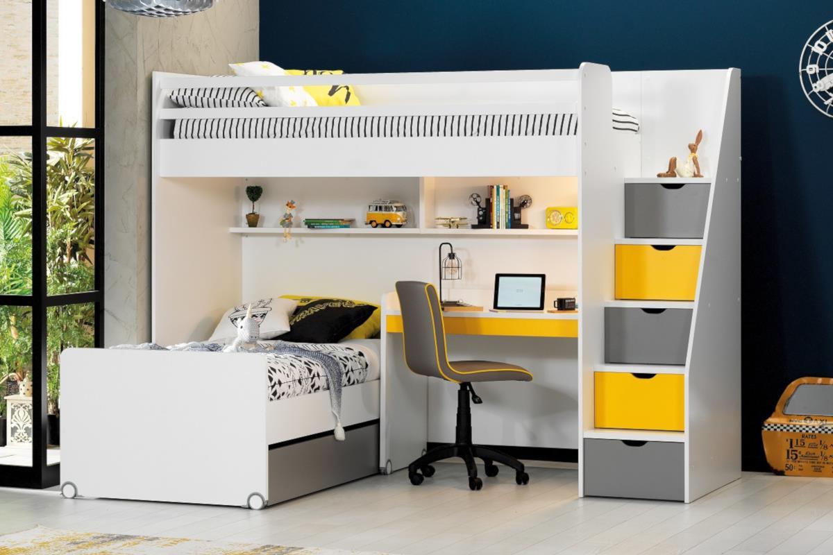 Neo grijs/geel/wit hoekstapelbed inclusief slaaplade en smal bureau