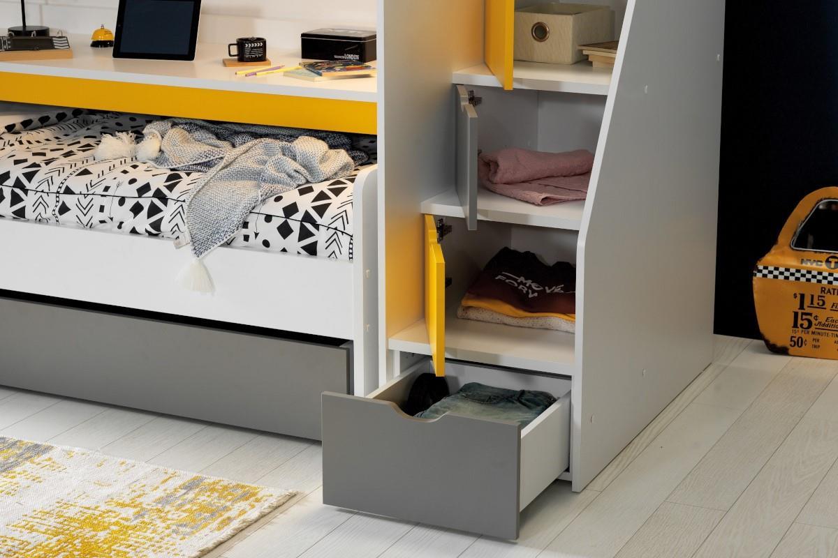 Neo grijs/geel/wit stapelbed inclusief slaaplade en groot bureau close-up
