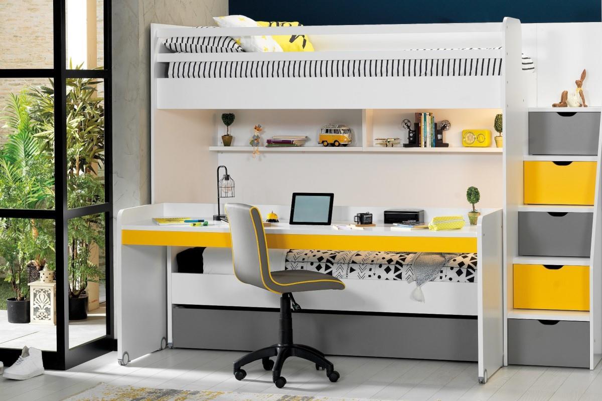 Neo grijs/geel/wit stapelbed inclusief slaaplade en groot bureau uitgeschoven 2