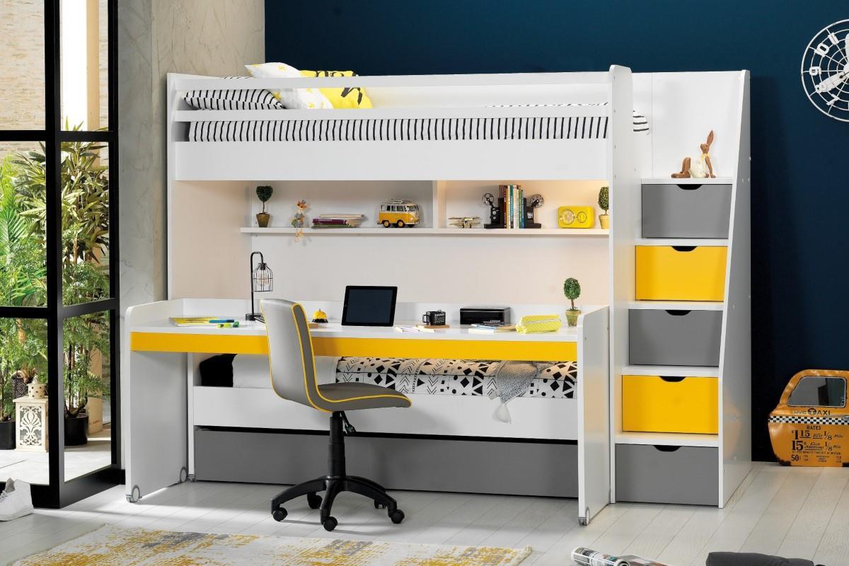 Neo grijs/geel/wit stapelbed inclusief slaaplade en groot bureau uitgeschoven