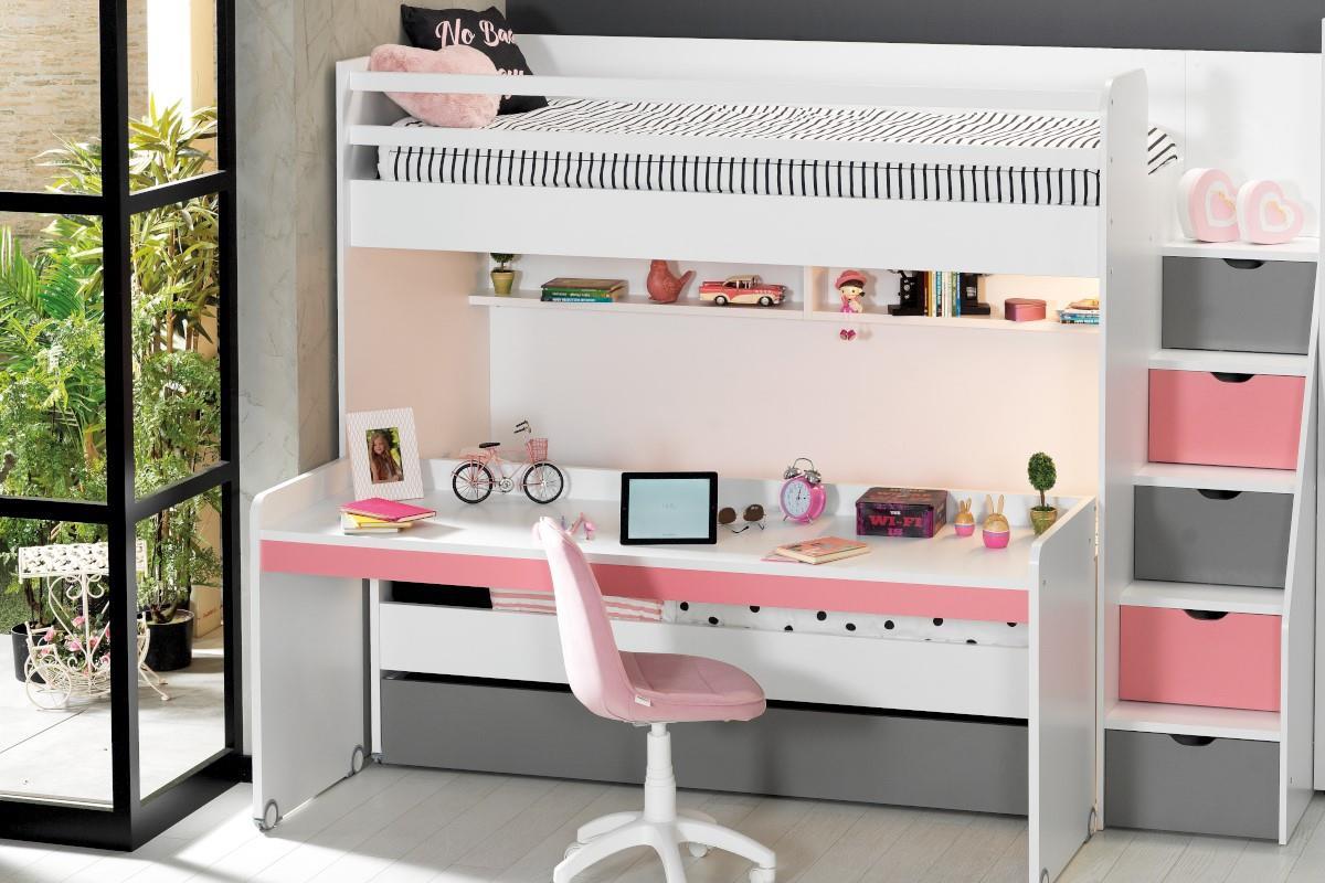 Lijken preambule Koppeling Neo grijs/roze/wit stapelbed inclusief slaaplade en groot bureau