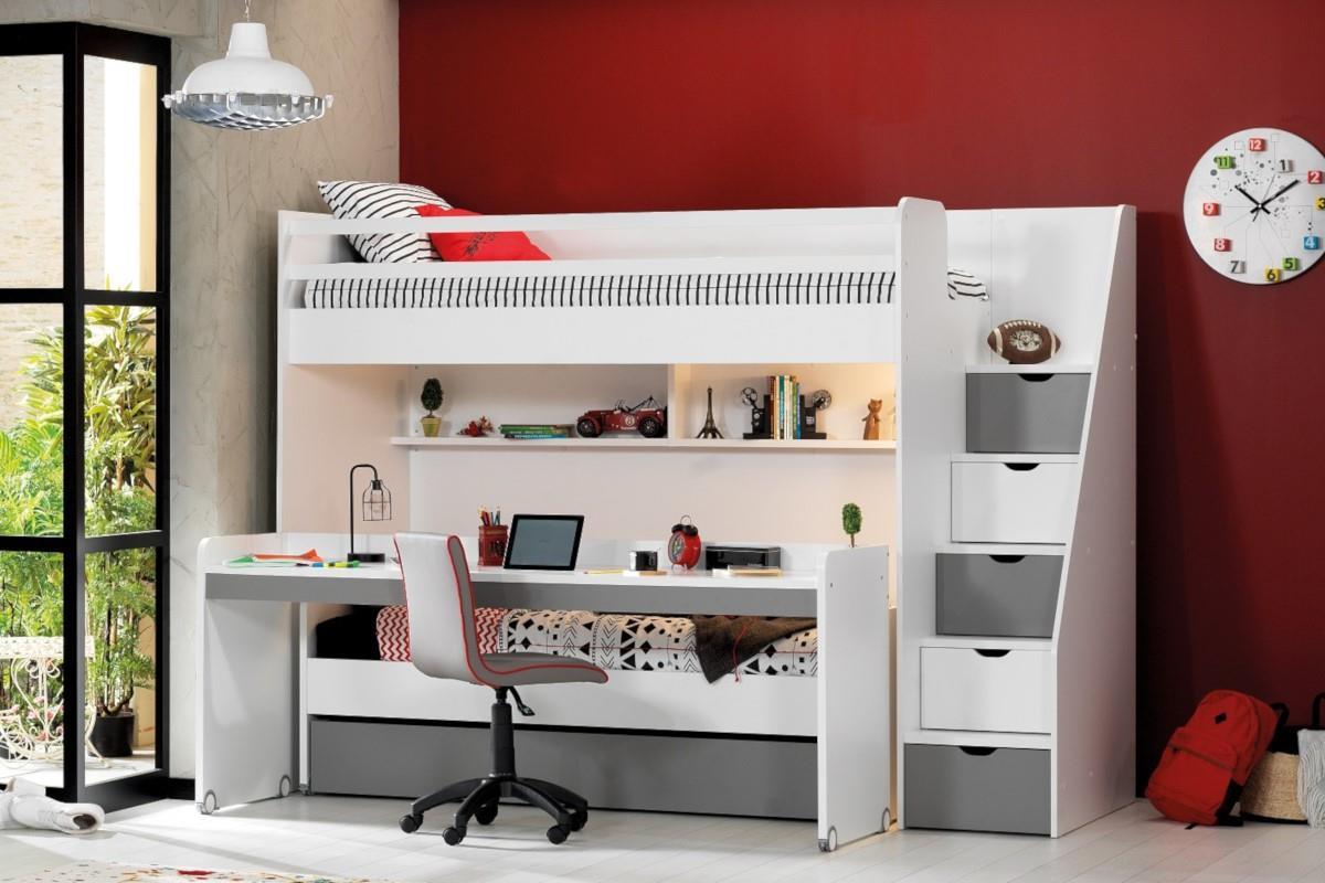 Motivatie Bulk levering aan huis Neo grijs/wit stapelbed inclusief slaaplade en groot bureau
