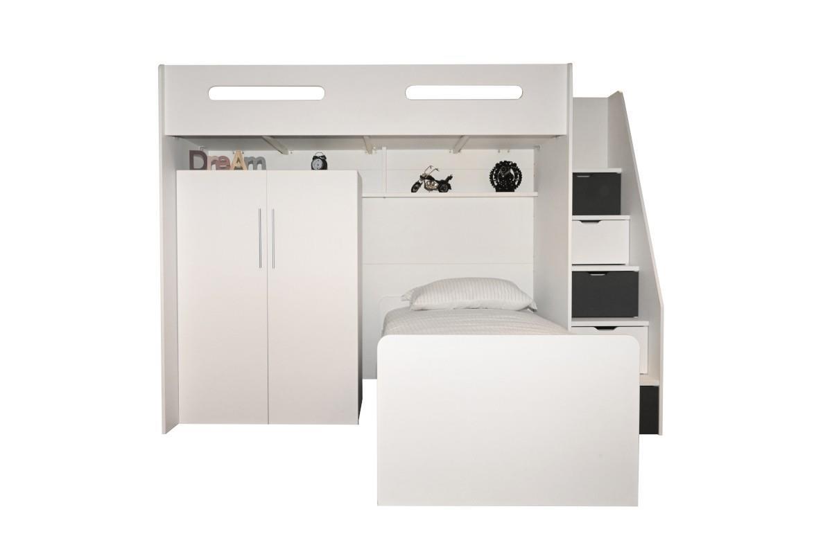 Options Hoekstapelbed Wit - Antraciet met kledingkast