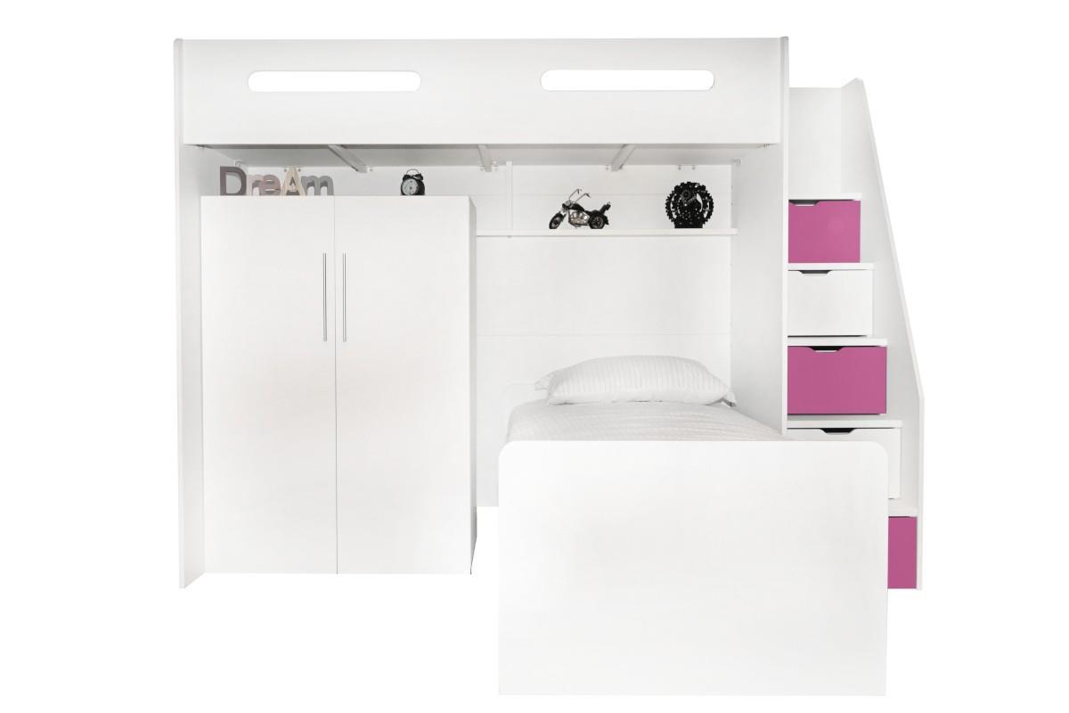 Options Hoekstapelbed Wit - Roze met kledingkast