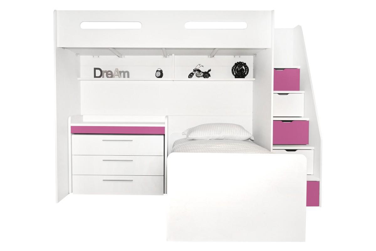 Options Hoekstapelbed Wit - Roze met ladekast en bureau