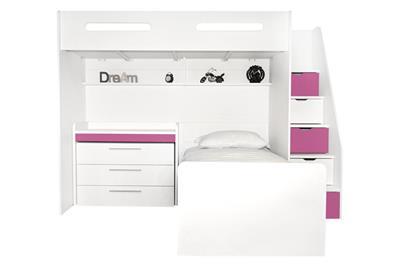 Options Hoekstapelbed Wit - Roze met ladekast en bureau