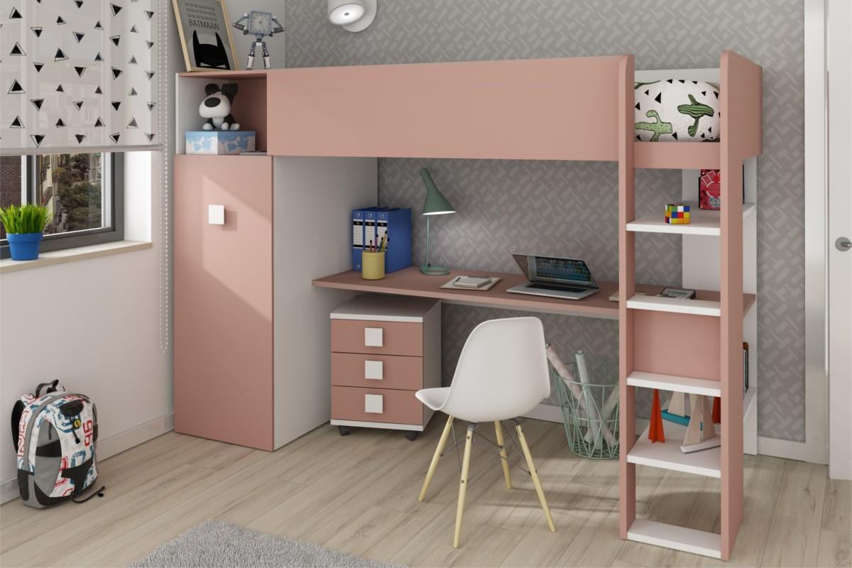 Jules hoogslaper antique pink met aanbouwkast en ladeblok sfeerimpressie