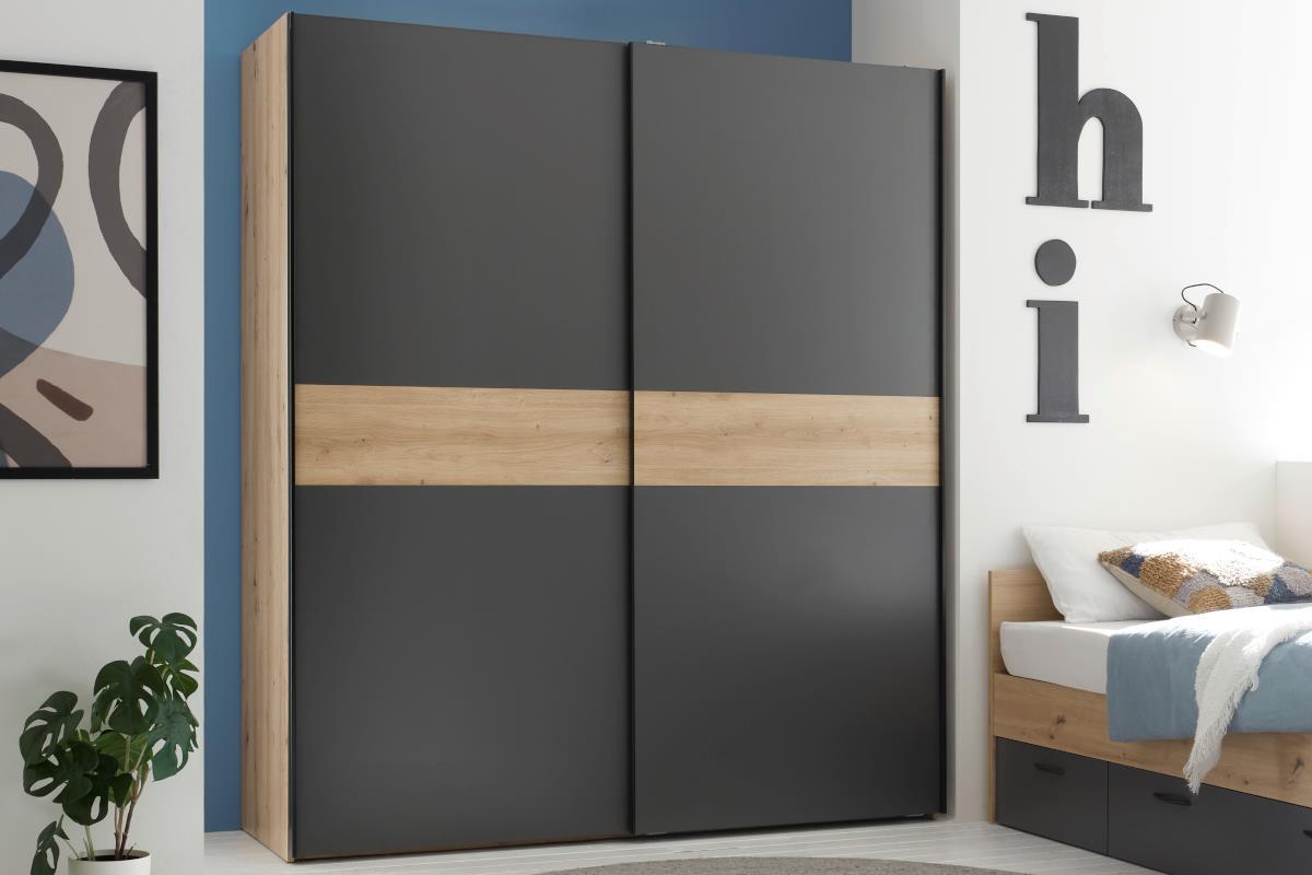 Lio 2-deurs Schuifdeurkast 170 cm Artisan Eiken - Antraciet