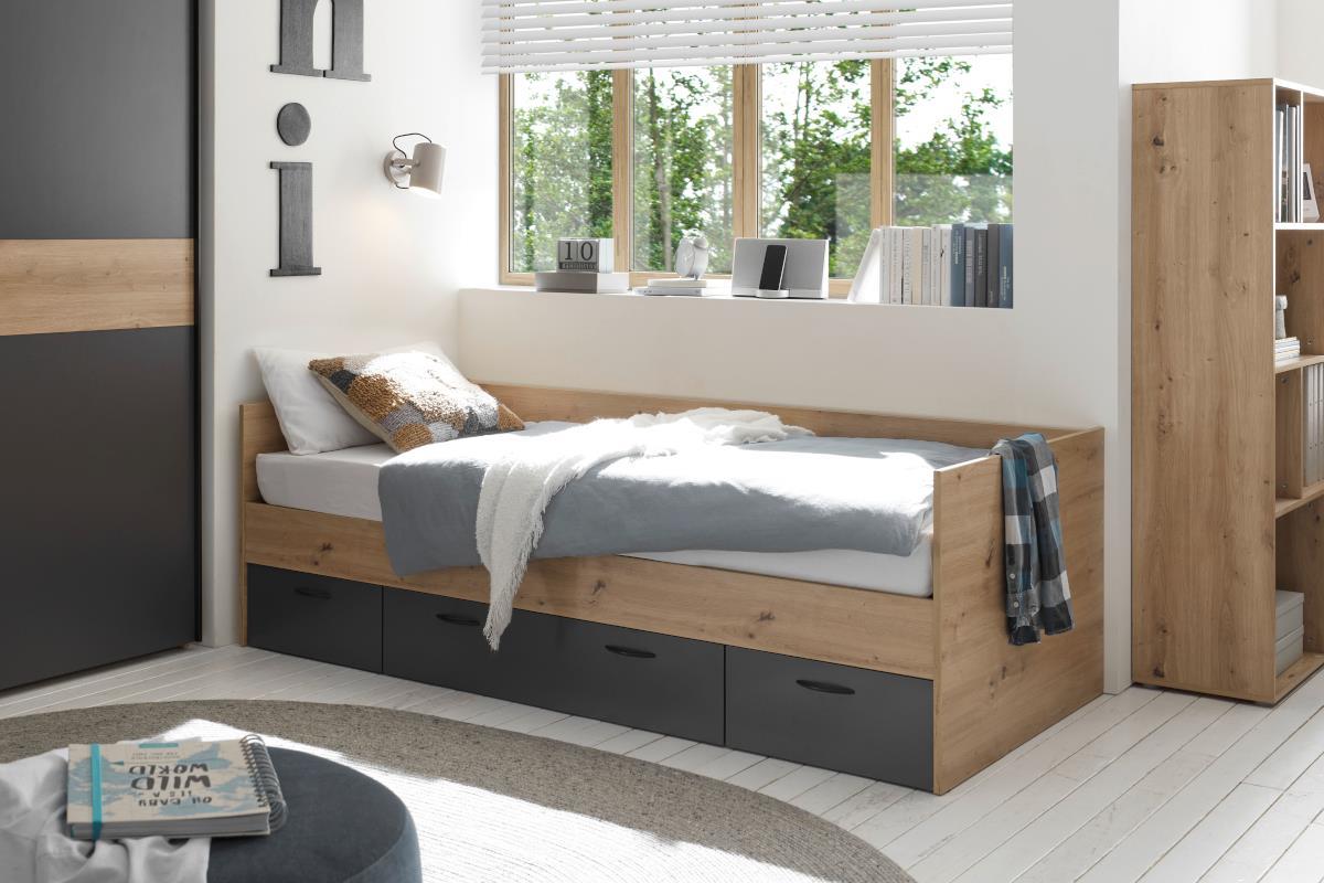 Lio Bed 90/200 met 3 Bedlades Artisan Eiken - Antraciet