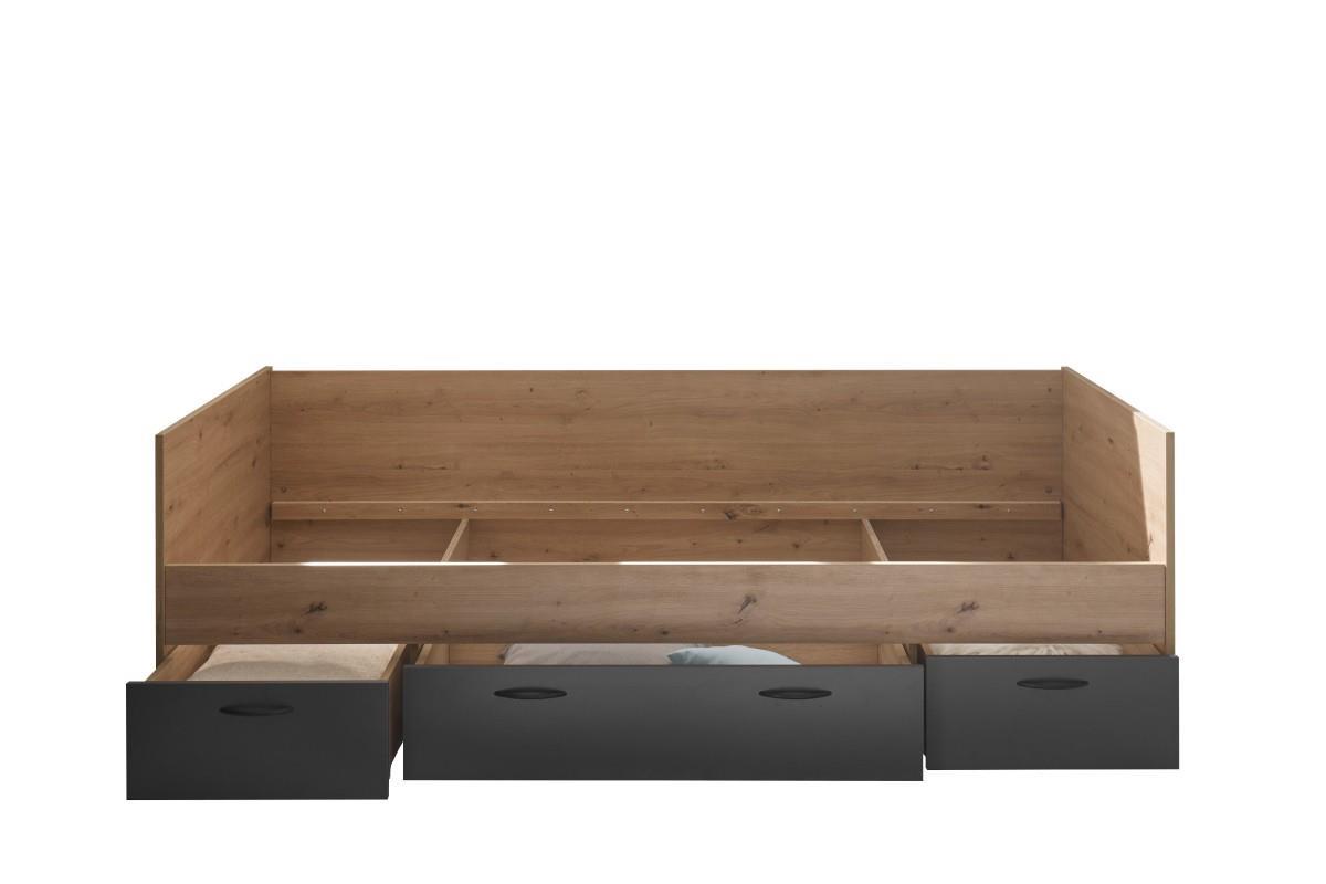 Lio Bed 90x200 met 3 Bedlades Artisan Oak-Graphite vooraanzicht open