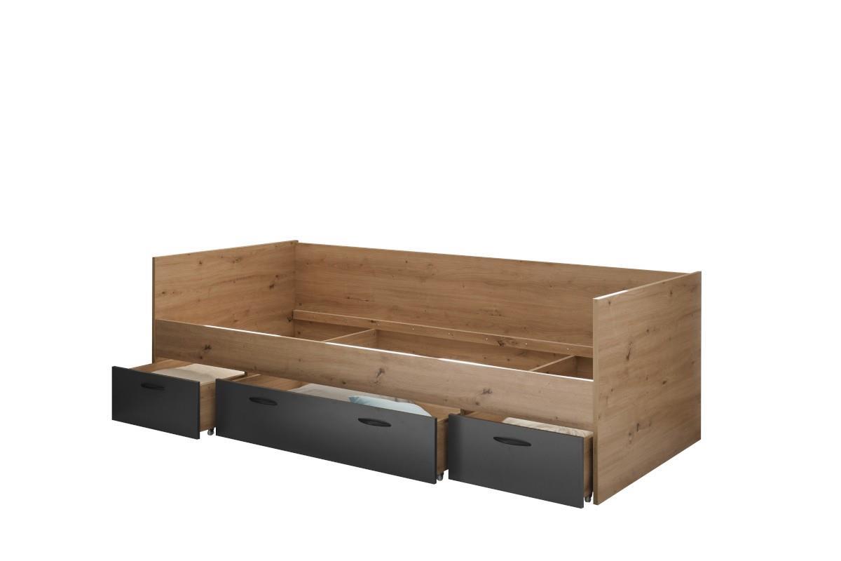 Lio Bed 90x200 met 3 Bedlades Artisan Oak-Graphite zijaanzicht open